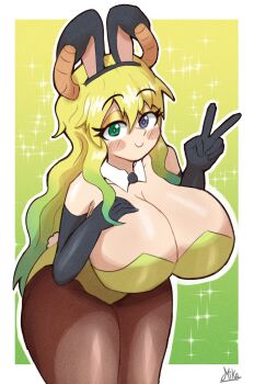 1girl black_gloves blonde_hair blush_stickers breasts cleavage closed_mouth detached_collar dragon_girl dragon_horns elbow_gloves from_above gloves gradient_background gradient_hair green_hair hand_on_own_chest heterochromia horns huge_breasts kobayashi-san_chi_no_maidragon leotard looking_at_viewer lucoa_(maidragon) miks381 multicolored_hair outline pantyhose rabbit_ears rabbit_tail signature smile solo sparkle v white_outline yellow_leotard