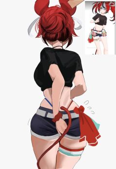 Rule 34 | 1girl, adjusting clothes, adjusting swimsuit, animal ears, ass peek, belt, bikini, bikini under clothes, black shirt, black shorts, breasts, flying sweatdrops, from behind, hair bun, hakos baelz, highres, hololive, hololive english, hololive summer 2023 swimsuit, mouse ears, mouse tail, red scrunchie, redi (rasec asdjh), reference inset, scrunchie, shirt, shorts, skindentation, standing, sweatdrop, swimsuit, tail, thigh strap, thighs, tied shirt, underwear, virtual youtuber, white background, wrist scrunchie