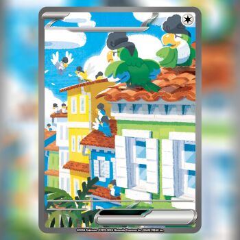 amelicart animal_focus bird blue_sky building card_(medium) closed_mouth cloud commentary company_name copyright_name copyright_notice day drainpipe english_commentary feathers flying nintendo no_humans official_art on_roof open_mouth outdoors pokemon pokemon_(creature) pokemon_card pokemon_focus pokemon_tcg sky smile squawkabilly squawkabilly_(blue) squawkabilly_(green) squawkabilly_(white) squawkabilly_(yellow) textless_version third-party_source trading_card window