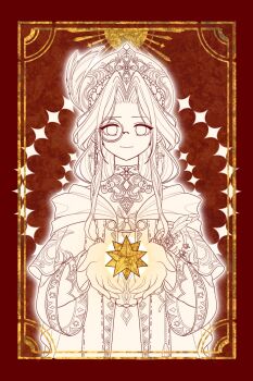 Rule 34 | 1girl, beads, beret, chinese commentary, closed mouth, commentary, commentary request, cowboy shot, cross, cross earrings, dress, earrings, english commentary, eyelashes, greyscale with colored background, hat, hat feather, hexagram, highres, holding, holding star, infinity nikki, jewelry, layered sleeves, light smile, long hair, long sidelocks, long sleeves, mixed-language commentary, monocle, necklace, nikki (nikki), nikki (series), outline, picture frame, priest, red background, robe, round eyewear, shier dao de, short over long sleeves, short sleeves, sidelocks, silent ode (infinity nikki), solo, star (symbol), straight-on, textless version, turtleneck, turtleneck dress, wavy hair, white outline