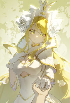 Rule 34 | 1girl, absurdres, aphrodite (nyanko daisensou), blonde hair, breasts, capelet, cleavage, cleavage cutout, clothing cutout, crown, dress, flower, gloves, hair flower, hair ornament, highres, large breasts, long hair, looking at viewer, nyanko daisensou, pov, satorunoktomezo, solo focus, very long hair, white capelet, white crown, white dress, white flower, white gloves, yellow eyes