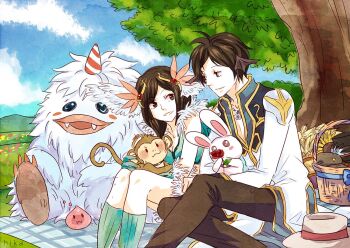 1boy 1girl :3 alternate_color bat_wings black_coat black_wings blue_sky breasts brown_eyes brown_hair brown_pants champourado cleavage coat commentary creature day english_commentary feet_out_of_frame fur-trimmed_shirt fur_trim gold_trim green_shirt green_socks grin head_wings high_priest_(ragnarok_online) long_hair looking_at_another looking_to_the_side medium_breasts monkey open_mouth outdoors pants picnic picnic_basket picnic_blanket poring ragnarok_online shirt short_hair sky sleeveless sleeveless_shirt smile sniper_(ragnarok_online) socks stuffed_animal stuffed_rabbit stuffed_toy tatacho tree white_coat wings yoyo_(ragnarok_online)