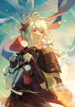 1boy armor artist_name asymmetrical_sleeves bandaged_arm bandaged_hand bandages belt belt_buckle black_belt black_gloves black_scarf bow brown_bow buckle closed_mouth commentary dandelion_seed english_commentary eyelashes fingerless_gloves floating_hair genshin_impact gloves hands_up haori highres holding holding_leaf japanese_armor japanese_clothes kaedehara_kazuha kimono leaf leaf_print long_sleeves looking_to_the_side low_ponytail male_focus maple_leaf_print medium_hair mismatched_sleeves multicolored_hair oyakorodesu parted_bangs pom_pom_(clothes) ponytail red_eyes red_hair red_scarf scarf short_sleeves shoulder_armor sidelocks sky smile sode solo streaked_hair swept_bangs tassel twitter_username watermark white_hair white_kimono wide_sleeves wind windmill