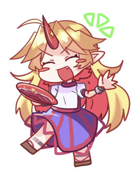 1girl :d alcohol blonde_hair blue_skirt blush_stickers brown_sandals chibi chibi_only closed_eyes commentary_request cup fang full_body geta hayashida_chiyo highres holding holding_cup horns hoshiguma_yuugi long_hair notice_lines open_mouth parted_bangs pointy_ears red_horns red_skirt sakazuki sake sandals shirt short_sleeves simple_background single_horn skirt smile solo star_(symbol) striped_clothes striped_skirt t-shirt touhou v-shaped_eyebrows vertical-striped_clothes vertical-striped_skirt white_background white_shirt
