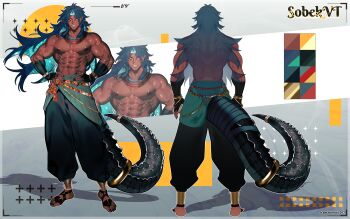 1boy abs abstract_background absurdres amarimari1092 ancient_egyptian ancient_egyptian_clothes ankle_cuffs anklet artist_name bandaged_arm bandaged_foot bandages bare_pectorals barefoot biceps black_bandages black_nails black_pants black_tail blue_hair bracelet chain character_profile color_guide colored_inner_hair commission commissioner_upload copyright_name crocodile crocodilian crocodilian_tail cuffs curtained_hair dark-skinned_male dark_skin earrings egyptian_mythology eye_of_horus eye_tattoo facing_viewer fingernails from_behind gem gold gold_anklet gold_bracelet gold_chain gold_wrist_cuffs hands_on_own_hips harem_pants height_mark highres indie_virtual_youtuber jewelry liquid_hair long_hair looking_at_viewer male_focus multicolored_hair multiple_views muscular muscular_male nail_polish nemes nipples original pants parted_lips pectorals pointy_ears profile red_ribbon red_sash reference_sheet ribbon ring sash seto_sobek_(vtuber) sharp_fingernails signature skeb_commission slit_pupils smile smug sobek_(mythology) solo spiked_hair standing stirrup_footwear stirrup_legwear tail tail_ornament tall_male tattoo toeless_legwear toes topless_male twitter_username usekh_collar virtual_youtuber waist_ribbon yellow_eyes