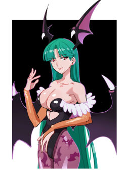 1girl animal_print bat_print black_leotard blunt_bangs breasts bridal_gauntlets cleavage closed_mouth commentary_request cropped_legs darkstalkers demon_wings futa_yuri_ryona green_hair head_wings highres leotard long_hair looking_at_viewer morrigan_aensland pantyhose print_pantyhose purple_pantyhose red_eyes smile solo strapless strapless_leotard wings