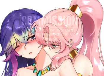 2girls armpit_crease bare_shoulders blue_eyes blush collar collarbone colored_tips commentary commission crossed_bangs double-parted_bangs english_commentary gold_collar hair_between_eyes high_ponytail kiss kissing_neck long_hair looking_at_another multicolored_hair multiple_girls one_eye_closed original parted_bangs parted_lips pink_hair ponytail purple_hair ryuuxin simple_background sweat upper_body watermark white_background yuri
