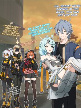 1boy 1other 4girls ammunition asymmetrical_gloves bare_shoulders black_horns black_pants black_shirt black_shrug blindfold_mask blue_eyes blue_hair blue_jacket blush camouflage camouflage_jacket camouflage_pants carrying closed_eyes closed_mouth clothing_cutout covered_eyes detached_sleeves dragon_girl dragon_horns dress fingerless_gloves flower_hairpin formal_clothes gloves glowing_mask goggles grey_hair grey_sleeves hair_ornament hairpin heart highres horns jacket kulojawa latex_pants magus_(zenless_zone_zero) mask mechanical_horns mechanical_tail mismatched_gloves mole mole_on_shoulder multiple_girls one_eye_closed orange-tinted_eyewear orange_eyes orange_hair orange_pupils orphie_magnusson panties pants ponytail princess_carry see-through_dress_layer seed_(zenless_zone_zero) shirt shrug_(clothing) side_cutout single_fingerless_glove sleeveless sleeveless_jacket soldier_11_(zenless_zone_zero) suit sweat tail thigh_cutout tight_clothes tight_pants tinted_eyewear triangle_hair_ornament trigger_(zenless_zone_zero) underwear white_hair white_suit wise_(zenless_zone_zero) yellow_gloves yellow_panties zenless_zone_zero zipper_dress zipper_pull_tab zipping