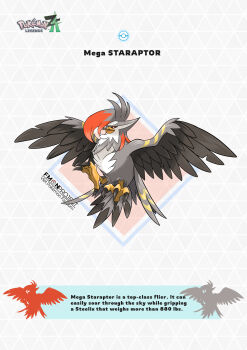 absurdres animal_focus beak bird black_sclera blawn_z colored_sclera commentary english_commentary english_text gen_4_pokemon grey_feathers highres mega_pokemon mega_staraptor nintendo no_humans official_style open_mouth orange_streaks pokemon pokemon_(creature) pokemon_focus pokemon_legends:_z-a red_eyes staraptor sugimori_ken_(style) talons v-shaped_eyes wings yellow_trim
