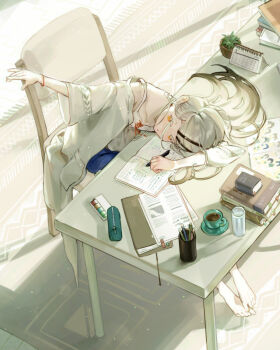 1girl arm_on_table arm_rest arm_up barefoot blonde_hair blue_shorts book book_stack breasts calendar_(object) camisole carpet chair colored_eyelashes commentary cup denim denim_shorts desk drinking_glass gakuen_idolmaster gradient_hair grey_hair grey_robe hair_ornament hair_spread_out hairclip head_on_table highres holding holding_pencil idolmaster indoors looking_up magazine_(object) multicolored_hair on_chair open_clothes open_magazine open_robe orange_eyes parallel_hairclips pencil pencil_case plant potted_plant rain_(regen) reaching robe saucer shinosawa_hiro shorts sitting small_breasts sunlight teacup white_camisole window_shadow wristband