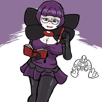 1girl 8ama210ri blunt_bangs blush bob_cut book bow breasts buttons cleavage cofagrigus double_thumbs_up elbow_gloves fire gen_5_pokemon ghost glasses gloves half-closed_eyes holding holding_book holding_pen large_bow large_breasts low-cut mummy neck_pillow nintendo open_mouth pantyhose pen pokemon pokemon_(creature) pokemon_bw purple_eyes purple_fire purple_hair purple_skirt raised_eyebrows rimless_eyewear round_eyewear shaded_face shauntal_(pokemon) short_hair skirt sweatdrop thumbs_up