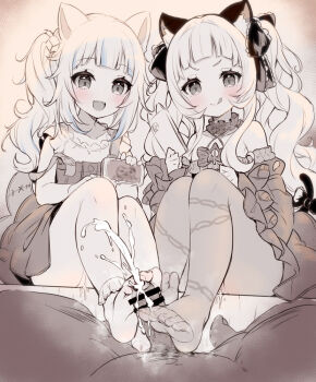 1boy 2girls :q animal_ears bad_id bad_twitter_id blunt_bangs blush bobby_socks bow cat_ears cat_tail cellphone censored clothed_female_nude_male cooperative_footjob cum detached_sleeves dress ejaculation feet fins fish_tail footjob foreskin gawr_gura gawr_gura_(casual) hair_ribbon hetero hololive hololive_english loli long_hair long_sleeves multiple_girls murasaki_shion murasaki_shion_(gothic_lolita) no_panties no_shoes nude open_mouth pantyhose penis phone pussy pussy_juice ribbon shark_tail sharp_teeth side_ponytail sitting smartphone smile socks tail tail_bow tail_ornament teamwork_(sexual) teeth tongue tongue_out twintails virtual_youtuber yazawa_oke