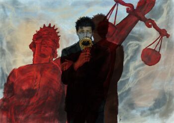 Rule 34 | 1boy, absurdres, balance scale, black hair, black suit, blindfold, commentary, covered mouth, covering own mouth, crossed arms, crown, flower, formal clothes, highres, higuruma hiromi, holding, holding flower, jacket, jujutsu kaisen, k05062688, lady justice, lawyer, shadow, short hair, short sideburns, sideburns, standing, statue, suit, suit jacket, suit pants, sunflower, untranslatable commentary, weighing scale