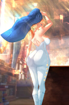 1girl absurdres ass ass_focus blonde_hair breasts dress genshin_impact highres huge_ass jean_(genshin_impact) kanzatitties knight large_breasts thick_thighs thighs white_dress
