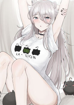 1girl animal_ear_piercing armpits arms_behind_head arms_up black_choker black_nails blush breasts choker closed_mouth grey_eyes grey_hair highres hololive large_breasts long_hair looking_at_viewer nail_polish official_alternate_costume official_alternate_hairstyle open_mouth sakiya_(sak1_01) shirt shishiro_botan shishiro_botan_(midnight_convenience_store) solo ssrb_(shishiro_botan) very_long_hair virtual_youtuber white_shirt