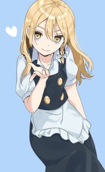 Rule 34 | 1girl, absurdres, apron, black skirt, black vest, blonde hair, blue background, bow, braid, breasts, closed mouth, collarbone, commentary request, cowboy shot, hair between eyes, hair bow, hair ribbon, hat, heart, highres, kirisame marisa, long hair, looking at viewer, no headwear, open hand, puffy short sleeves, puffy sleeves, ribbon, shirt, short sleeves, side braid, simple background, single braid, skirt, small breasts, smile, solo, standing, touhou, tress ribbon, tsuno no hito, vest, white apron, white bow, white shirt, yellow eyes