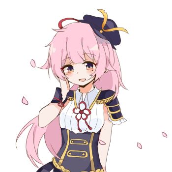 1girl :d aiguillette arm_at_side armor black_hat blush center-flap_bangs collared_shirt commentary_request epaulettes facing_viewer falling_petals grey_eyes hair_flaps hand_up happy_birthday hat japanese_armor long_hair looking_ahead luki1192759520 mini_hat mole mole_under_eye multicolored_eyes oda_nobuhime open_mouth orange_eyes petals pink_hair pink_petals ponytail project_upd8 shirt shoulder_armor simple_background sleeveless smile sode solo tucking_hair two-tone_eyes underbust upper_body white_background white_shirt wind wing_collar