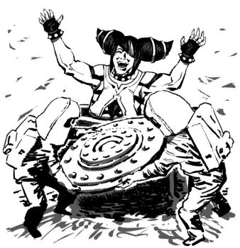 1girl 2others :d arms_up asymmetrical_bangs bracelet character_request chinese_clothes closed_eyes collar commentary_request drill_hair dudou facing_viewer fingerless_gloves fingernails from_side full_body gloves greyscale han_juri hazmat_suit holding ireading jewelry long_bangs mighty_morphin_power_rangers monochrome multiple_others open_mouth power_rangers shadow short_hair simple_background smile spiked_bracelet spiked_collar spikes street_fighter upper_body white_background