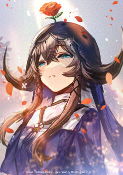 1girl arknights artist_name blue_eyes brown_hair cow_girl cow_horns dated dqn_(dqnww) dress flower flower_on_head frown grey_background hair_ornament half-closed_eyes highres horns long_hair long_sleeves looking_at_viewer pallas_(arknights) petals purple_dress red_pupils rose_petals sidelocks solo twitter_username upper_body veil x_hair_ornament