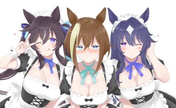 Rule 34 | 3girls, :3, animal ears, apron, aqua bow, black corset, blue bow, blue eyes, blue hair, blue ribbon, blush, bow, bow choker, breasts, brown hair, cheval grand (umamusume), choker, cleavage, closed mouth, collarbone, commentary request, corset, dress, hair between eyes, hair ornament, hair ribbon, headdress, heart, highres, horse ears, horse girl, large breasts, long hair, looking at viewer, maid, maid apron, maid headdress, mole, mole under eye, multicolored hair, multiple girls, nanasedayoxd, one eye closed, purple eyes, ribbon, short sleeves, siblings, simple background, sisters, streaked hair, sweat, tongue, twintails, umamusume, v, v sisters, verxina (umamusume), vivlos (umamusume), waist apron, white apron, white background, white hair, white headdress