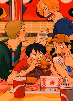 4boys allout arm_up baseball_cap black_eyes black_hair blonde_hair blue_shirt brown_hat burger casual commentary contemporary crew_neck cup curly_eyebrows curly_hair disposable_cup drinking_straw eating empty_food_container eye_contact eyelashes facial_scar food food_in_mouth food_on_face food_wrapper french_fries green_hair green_shirt hat highres holding holding_cup holding_food looking_at_another male_focus medium_hair monkey_d._luffy multiple_boys one_piece open_mouth parted_bangs print_shirt red_shirt roronoa_zoro sanji_(one_piece) scar scar_on_cheek scar_on_face shirt short_hair short_sideburns short_sleeves sitting star_(symbol) straw_hat symbol-only_commentary t-shirt teeth tile_wall tiles tongue unworn_hat unworn_headwear usopp