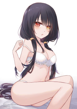 1girl black_hair blush bra breasts cleavage clock clock_eyes date_a_live dated esther_0418 garter_belt heterochromia highres long_hair looking_at_viewer low_twintails medium_breasts open_mouth panties photoshop_(medium) red_eyes roman_numeral sitting smile solo symbol-shaped_pupils tokisaki_kurumi twintails underwear underwear_only white_bra white_panties yellow_eyes