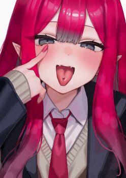 Rule 34 | 1girl, absurdres, akanbe, baobhan sith (fate), blush, commentary request, eyelid pull, fate/grand order, fate (series), grey eyes, highres, katashiro, looking at viewer, necktie, pink hair, pink necktie, portrait, school uniform, sidelocks, smile, solo, tongue, tongue out, upper body