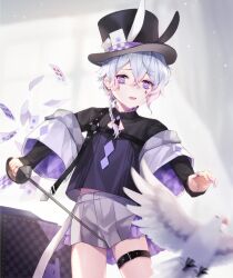 Rule 34 | 1boy, animal ears, belt, bird, black belt, black hat, black shirt, braid, card, commentary request, crossed bangs, diamond facial mark, dove, fake animal ears, flying, foil (fencing), grey shorts, hair between eyes, hat, highres, holding, holding sword, holding weapon, kasugano (owf ksg), long bangs, long sleeves, magician, mahjong soul, male focus, open mouth, playing card, purple eyes, rabbit ears, ryan (mahjong soul), shirt, short hair, shorts, single braid, solo, sword, thigh belt, thigh strap, top hat, upper body, weapon, white hair
