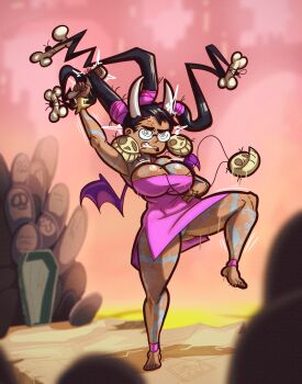 absurdres bat_wings blush bone bone_hair_ornament breasts brushing_hair cosplay dark-skinned_female dark_skin fluffy glasses grabbing_own_hair gus_arts hair_ornament highres holding_own_hair horns horns_through_headwear jiggle large_breasts long_hair mole mole_on_breast rayman_(series) rayman_origins smile snow tattoo thick_thighs thighs ubisoft voodoo_mama_(rayman) wings