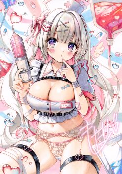 1girl :t bandaid bandaid_on_arm bandaid_on_breast bandaid_on_leg belt belt_buckle blush bow bow_panties breasts buckle cameltoe center-flap_bangs cleavage cleavage_cutout closed_mouth clothing_cutout collared_shirt commentary_request cowboy_shot crop_top cropped_shirt frilled_sleeves frills garter_belt garter_straps gradient_eyes hair_bow hair_ornament hairclip hat heart heart-shaped_buckle heart-shaped_pupils heart_hair_ornament highres holding holding_syringe lace lace_panties large_breasts long_hair looking_at_viewer marker_(medium) midriff motage_illust multicolored_eyes navel no_pants nurse_cap original panties parallel_hairclips pill pink_bow purple_pupils shirt short_sleeves solo symbol-shaped_pupils syringe thigh_belt thigh_strap traditional_media underwear very_long_hair watermark watermark_grid white_garter_belt white_garter_straps white_hair white_hat white_panties white_shirt wing_collar x_hair_ornament