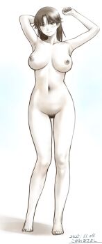 1girl absurdres armpits arms_up breasts collarbone commentary_request completely_nude dated female_pubic_hair full_body grey_hair highres kogawa_masayoshi large_breasts long_hair looking_at_viewer monochrome navel nipples nude original pubic_hair signature solo standing