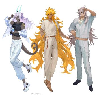 3boys alternate_costume arjuna_(fate) arjuna_alter_(fate) artist_name belt black_eyes black_shirt black_shoes blonde_hair body_markings bracelet braid brown_pants brown_shirt collared_shirt commentary_request crop_top dark-skinned_male dark_skin fate/grand_order fate_(series) fishnet_sleeves fishnets food full_body glowing_markings goetia_(fate) green_eyes grey_hair grey_pants grey_shirt hariharipalette highres holding holding_food jewelry long_hair long_sleeves looking_at_viewer male_focus midriff multiple_boys nail_polish one_eye_closed pants platform_sandals red_eyes sandals shirt shoes side_braid siegfried_(fate) single_braid single_off_shoulder sleeves_rolled_up tail tan thigh_belt thigh_strap toenail_polish toenails very_long_hair white_hair white_pants white_shoes