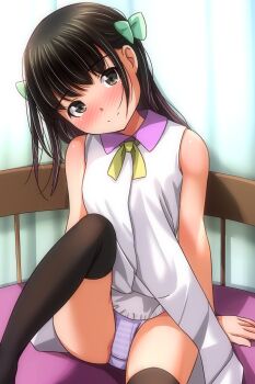 1girl absurdres black_hair black_thighhighs blush bow closed_mouth collared_dress dress hair_bow head_tilt highres loli long_hair looking_at_viewer matsunaga_kouyou nose_blush original panties sitting sleeveless sleeveless_dress smile solo thighhighs underwear white_dress