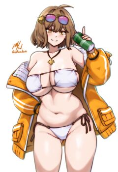 1girl anis_(nikke) anis_(sparkling_summer)_(nikke) artist_name bikini breasts brown_hair can closed_mouth commentary commission cowboy_shot eyepatch_bikini eyewear_on_head goddess_of_victory:_nikke hand_on_own_hip holding holding_can jacket jewelry large_breasts looking_at_viewer navel necklace official_alternate_costume open_clothes open_jacket pink-tinted_eyewear rotomdocs short_hair side-tie_bikini_bottom signature simple_background smile solo standing sunglasses swimsuit tinted_eyewear white_background white_bikini yellow_eyes yellow_jacket