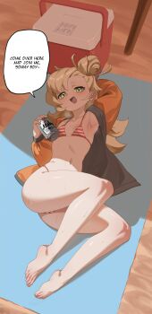 1girl absurdres armpits barefoot beer_can bikini blonde_hair breasts can commentary cooler drink_can ear_piercing english_commentary english_text feet full_body green_eyes hair_bun hakimen highres holding holding_can jacket long_sleeves looking_at_viewer lying navel on_back open_clothes open_jacket open_mouth orange_jacket petite piercing piper_wheel red_bikini sand shade small_breasts solo speech_bubble striped_bikini striped_clothes sweat swimsuit toes vertical-striped_bikini vertical-striped_clothes wide_hips zenless_zone_zero