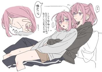 2girls amaori_haruna amaori_renako black_hoodie black_pants blush brown_shorts closed_mouth cuddling dayama grey_shirt hand_in_another&#039;s_hair highres hood hoodie hug hug_from_behind incest long_hair medium_hair multiple_girls open_mouth pants pink_hair ponytail purple_eyes shirt shorts siblings simple_background sisters sweat track_pants translation_request watashi_ga_koibito_ni_nareru_wake_naijan_murimuri! white_background yuri