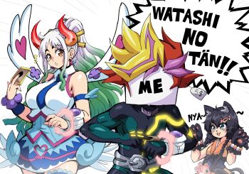 1boy 2girls angel_wings animal_ears animal_hands artist_self-insert blue_angel_(cosplay) blue_angel_(yu-gi-oh!) blush bodysuit box breasts cat_ears character_request closed_eyes cosplay dress duel_disk earrings gradient_hair green_hair highres horns jewelry large_breasts lewdamone long_hair looking_at_viewer multicolored_hair multicolored_horns multiple_girls one_piece parody shiny_skin simple_background sleeveless speech_bubble very_long_hair white_hair wide_hips wings yamato_(one_piece) yu-gi-oh! yu-gi-oh!_vrains zaizen_aoi