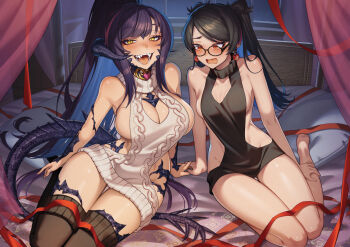 2girls au_ra averting_eyes barefoot bed black_dress black_hair black_thighhighs blush breasts canopy_bed cleavage cleavage_cutout clothing_cutout cluseller dragon_horns dragon_tail dress earrings embarrassed eyebrows_hidden_by_hair fangs final_fantasy final_fantasy_xiv glasses hand_on_own_leg highres holding_hands horns jewelry large_breasts long_hair looking_at_viewer medium_breasts multiple_girls on_bed open_mouth pillow ponytail purple_hair red_eyes sapphira_nyx scales second-party_source sitting slit_pupils smile sphere_earrings sweater tail teeth thighhighs twintails variant_set very_long_hair warrior_of_light_(ff14) wavy_mouth white_sweater yellow_eyes