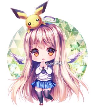 1girl :d absurdly_long_hair angel_wings artist_name black_eyes black_thighhighs blonde_hair blue_skirt blunt_bangs blush border bow bowtie closed_mouth commentary commission creature_on_head english_commentary feathered_wings footwear_bow full_body gen_1_pokemon green_background halo hands_up highres interlocked_fingers leaf long_hair long_sidelocks long_sleeves looking_at_viewer miniskirt nintendo open_mouth orange_eyes original outline outside_border own_hands_clasped own_hands_together pikachu pleated_skirt pokemon pokemon_(creature) puffy_long_sleeves puffy_sleeves red_bow red_bowtie round_border sasucchi95 shirt shoes sidelocks simple_background skirt smile solid_circle_eyes solo sparkling_eyes standing standing_on_one_leg tareme teeth thighhighs transparent_border upper_teeth_only very_long_hair white_halo white_outline white_shirt white_shoes white_wings wings zettai_ryouiki