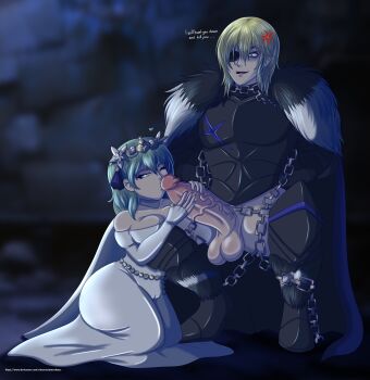 1boy 1girl absurdres alternate_costume ass bdsm blonde_hair blue_eyes bondage bound breast_press breasts female_byleth_(fire_emblem) cosplay dimitri_alexandre_blaiddyd dress english_text eyepatch femdom fire_emblem fire_emblem:_three_houses green_eyes green_hair highres huge_ass kissing_penis kneeling large_breasts large_penis long_hair nintendo one_eye_closed partially_visible_vulva penis rape restrained rhea_(fire_emblem)_(cosplay) short_hair squatting testicles thick_thighs thighs threatening valnars_zimmer_katze