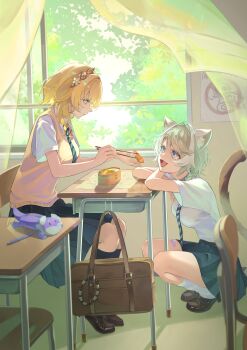 2girls aglaea_(honkai:_star_rail) animal_ear_fluff animal_ears arm_rest bag bandaid_on_thigh bento black_skirt black_socks blonde_hair blue_eyes breasts brown_bag brown_shoes brown_sweater_vest cat_ears cat_girl cat_tail chair chopsticks chrysos_heirs_school_uniform cipher_(honkai:_star_rail) classroom collared_shirt commentary_request couple desk dromas_(honkai:_star_rail) eye_contact feeding food full_body green_eyes grey_hair hair_ornament highres holding holding_chopsticks holding_food honkai:_star_rail honkai_(series) indoors kneehighs kumajyayo large_breasts looking_at_another medium_breasts multiple_girls necktie official_alternate_costume on_chair open_mouth pencil pencil_case pleated_skirt school_bag school_chair school_desk school_uniform shirt shoes short_hair short_sleeves sitting skirt socks squatting striped_necktie sushi sweater_vest tail white_shirt white_socks window yuri