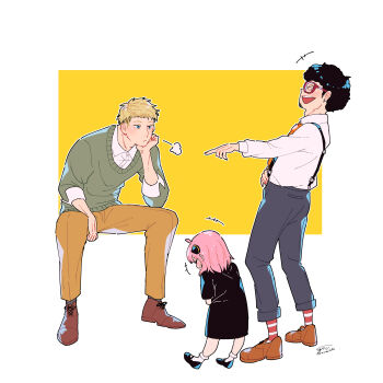 Rule 34 | +++, 1girl, 2boys, absurdres, afro, anya (spy x family), awarinko, black shoes, bobby socks, brown pants, brown shoes, collared shirt, dress shirt, facial hair, franky franklin, glasses, green sweater, grey pants, grey socks, highres, laughing, long sleeves, multiple boys, necktie, orange necktie, pants, pink hair, pointing, puffy long sleeves, puffy sleeves, red-framed eyewear, shirt, shoes, short sleeves, sitting, socks, spy x family, striped clothes, striped socks, stubble, suspenders, sweater, twilight (spy x family), two-tone background, white background, white shirt, white socks, yellow background