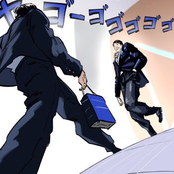 Rule 34 | 2boys, absurdres, araki hirohiko (style), bag, dutch angle, formal clothes, from below, full body, hand in pocket, highres, holding, holding bag, hololive, hyde (tabakko), jojo no kimyou na bouken, jojo pose, menacing (jojo), multiple boys, paper bag, parody, suit, walking, yagoo