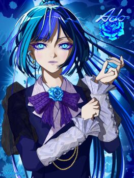 1girl ado_(utaite) animal_ears blue_eyes blue_eyeshadow blue_flower blue_hair blue_jacket blue_nails blue_rose bow bowtie chando_(ado) character_name commentary_request ear_piercing eyeshadow flower highres jacket long_hair long_sleeves makeup mole mole_under_eye parted_lips piercing ponytail purple_bow purple_bowtie rose shinzou_(ado) solo tomoyaku upper_body utaite