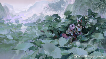 Rule 34 | 2girls, arknights, arknights: endfield, bare shoulders, black eyes, black hair, commentary request, dragon girl, dragon horns, eastern dragon horns, fingerless gloves, gloves, highres, horns, long hair, lotus leaf, mi fu (arknights), molatoliamu, mountain, multiple girls, official art, pink hair, profile, scenery, short hair, upper body, watermark, weibo username, weibo watermark, zhuang fangyi (arknights)