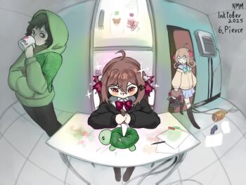 1boy 2girls ahoge aqua_bow aqua_bowtie bandaid bandaid_on_knee bandaid_on_leg black_cardigan black_hair black_pants black_socks blue_eyes blue_sailor_collar blue_skirt bottle bow bowtie broken_heart broken_heart_hair_ornament brown_hair cardigan character_doll child's_drawing collared_shirt commentary crayon cup doll door double-parted_bangs drinking english_commentary evil_neuro-sama fisheye green_eyes green_hoodie hair_between_eyes hair_ornament hair_ribbon hair_rings hand_in_pocket heart heart_hair_ornament hexagon_print highres holding holding_cup holding_knife hood hood_up hoodie indoors inktober kneehighs knife looking_at_another miniskirt mug multiple_girls neuro-sama nightmaremask07 pants paper pen pink_ribbon pleated_skirt red_bow red_bowtie red_eyes ribbon sailor_collar shirt short_hair sitting skirt socks sparkle stab sweatdrop table torn_hair_ribbon torn_ribbon turtle two_side_up vedal987 vedal_ai walking white_shirt