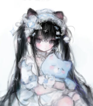1girl :o animal_collar animal_ears artist_self-insert bell belt_buckle black_hair blue_dress blue_flower blue_hairband blue_ribbon blue_rose buckle buttons cat_ears cat_hair_ornament chinese_commentary collar commentary_request cowboy_shot cross cross_hair_ornament cross_print dress flower frilled_dress frilled_hairband frilled_socks frills gloves grey_collar grey_eyes hair_between_eyes hair_ornament hair_ribbon hairband hairclip heart heart_hair_ornament highres holding holding_stuffed_toy huahua_he_fafa_de_xiao_penzai hugging_object kneehighs light_blush long_hair looking_at_viewer medium_dress neck_bell original parted_lips pill_hair_ornament plaid_hairband puffy_short_sleeves puffy_sleeves ribbon rose short_sleeves sidelocks simple_background single_kneehigh single_sock sitting socks solo sparkle stuffed_fox stuffed_toy twintails very_long_hair white_background white_gloves white_ribbon white_socks wrist_flower