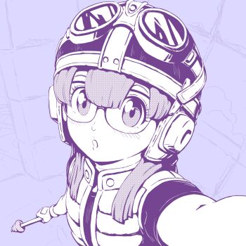 1girl absurdres chrono_trigger commentary_request fingerless_gloves glasses gloves goggles goggles_on_headwear helmet highres limited_palette lucca_ashtear perspective poop_on_a_stick sakkan selfie solo vest