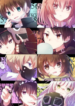 3girls 5boys :d absurdres aikawa_makino akatsuki_iride alpaca aqua_eyes black_gloves black_hair blue_eyes braid brown_eyes brown_hair closed_mouth crown_braid earphones fingerless_gloves flower frown glasses gloves green_eyes hair_between_eyes hair_flower hair_ornament highres holding inaba_himiko iride_akatsuki kudou_anya light_brown_hair long_hair looking_at_viewer mask mouth_mask multiple_boys multiple_girls naka_no_hito_genome nyaa_(nnekoron) oil-paper_umbrella onigasaki_kaikoku open_mouth oshigiri_zakuro pink_eyes pink_hair portrait profile red_umbrella rimless_eyewear roromori_yuzu sarayashiki_karin short_hair silver_hair smile split_screen surgical_mask umbrella