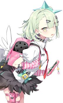 1girl absurdres arm_warmers bandaid bandaid_hair_ornament black_bow black_skirt blush bow cellphone_charm charm_(object) collar commentary cowboy_shot earrings frilled_sleeves frills from_side fur-trimmed_skirt fur_trim green_bow green_eyes green_hair hair_ornament heart heart_hair_ornament highres holding holding_phone jewelry kunikune leaning_forward looking_at_viewer multiple_hair_clips multiple_thigh_straps musical_note_earrings open_mouth phone pink_arm_warmers pink_bag polka_dot polka_dot_bow shirt simple_background skirt solo striped_arm_warmers sunna_(zenless_zone_zero) tears thigh_strap white_background white_shirt white_wings winged_bag wings zenless_zone_zero